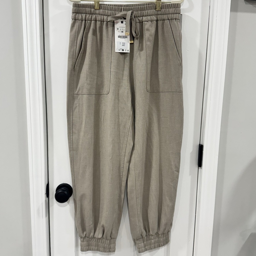 Zara Women M Taupe Jogger Pants Elastic Waist Tapered Quiet Luxury NWT
